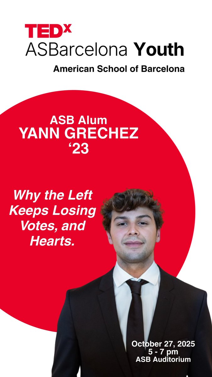 🔴 TEDxYouth @ ASBarcelona 

Come join an inspiring event where students, parents and alumni like Yann Grechez ‘23 take the stage to share their stories, passions, and perspectives.

🗓️ Monday, October 27, 5:00 PM
📍ASB Auditorium 

myasb.asbarcelona.com/asbmarket/prod…