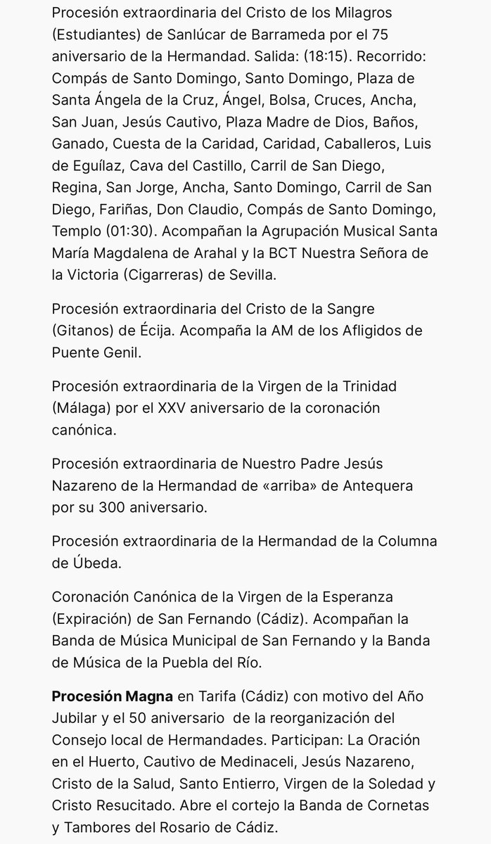 🗓️ 𝐀𝐆𝐄𝐍𝐃𝐀. Sábado 25 de octubre.
Traslado de la Esperanza de Triana a la Catedral. Procesión magna en Tarifa. Extraordinarias en Sanlúcar de Barrameda, Écija, Málaga, Antequera, Úbeda, San Fernando. #AgendaCofrade