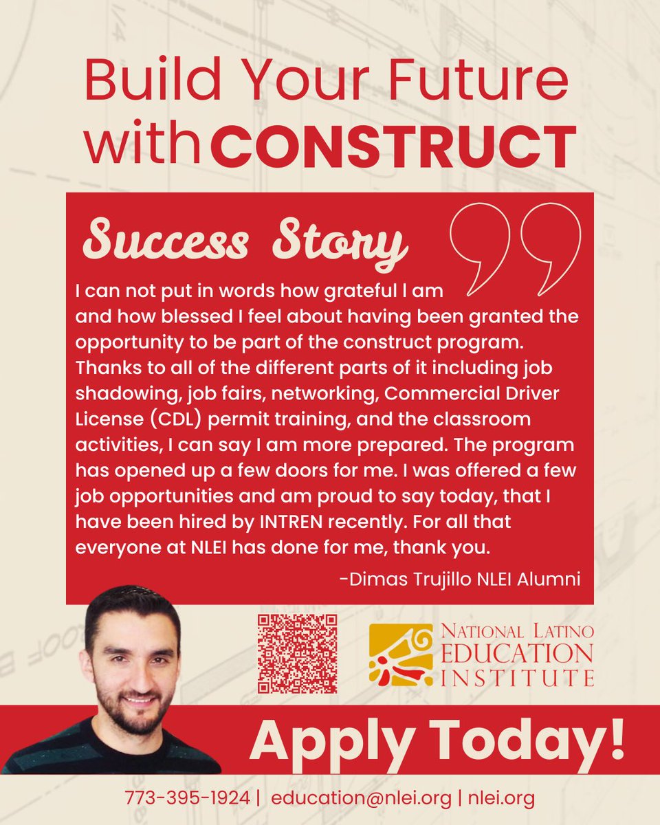 NLEI's tweet image. Real stories. Real success.

👷‍♂️ Dimas found his path through the CONSTRUCT Program — and you can too. Apply today!

#nlei #construct #chicago #buildyourfuture