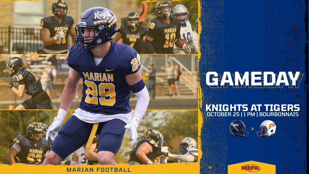 GAMEDAY!!! Another top-25 showdown in the cards for <a href="/MarianUFootball/">Marian Football</a>, who take on Olivet Nazarene this afternoon!

#8 vs #19! A huge MSFA Midwest game for the Knights!

🕐 1 PM
💻 ONUTigers.com/watch
📻 <a href="/iscsportsnet/">ISC Sports Network</a> 
📈 MUKnights.com
