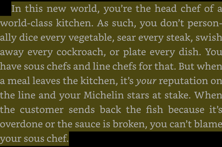 MarkNagelberg's tweet image. In "Vibe Coding" by Steve Yegge and Gene Kim they use a similar analogy - you're the head chef