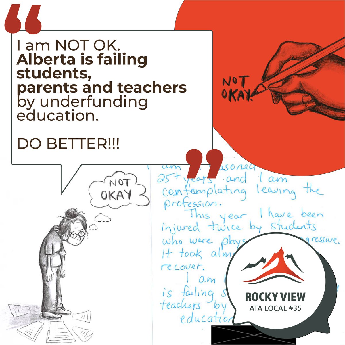 Public education is NOT OKAY.

We ask you to reflect, recognize the emotional toll, and take a stand for the future of public education.
📢 Share our messages.

📚 Get informed.

✊ Advocate fiercely.

Support public education. Support our future.
#Red4EdAB #AlbertaTeachers