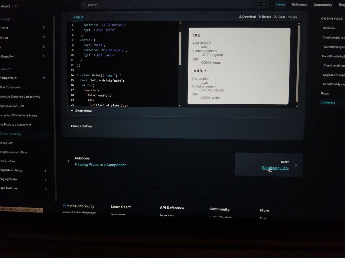 rudrakshpnchl's tweet image. Done conditional rendering now moving to rendering lists in @reactjs.  Let’s sleep now! we&apos;ll do it in morning. Gn guys.. #reactjs #WebDev #WebDevelopment  #Frontend #buildinpublic #LearnInPublic