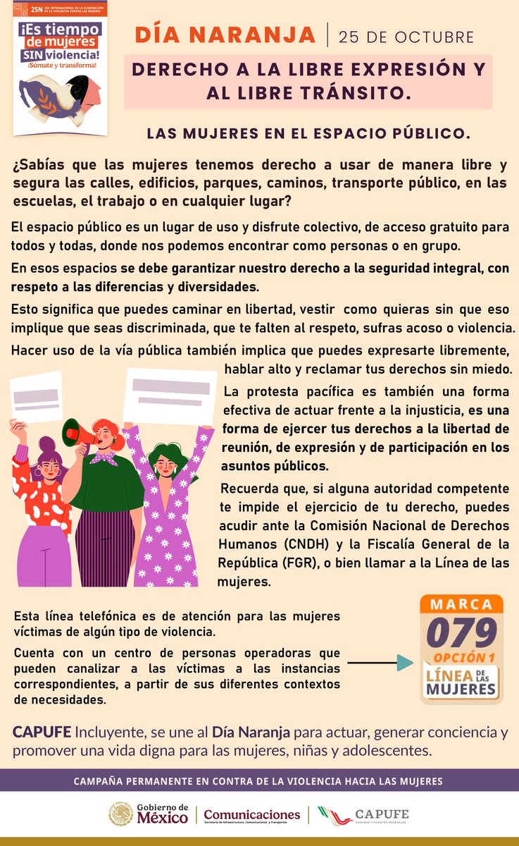 CAPUFE's tweet photo. 🚶‍♀️✨ Caminar sin miedo, vestir como quieras y alzar la voz sin ser juzgada, es tu derecho. 💜

Hoy y todos los días, defendamos la libre expresión y el libre tránsito.
 💬 Marca 079 si necesitas apoyo.
#DíaNaranja #LibresYSeguras #EsTiempoDeMujeres https://t.co/QDCxXmyxeZ