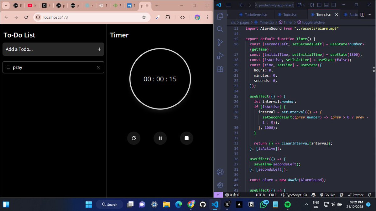 LaTechGirly's tweet image. Day 86 of #100DaysOfCode 🚀
Today I:
-read about rendering and memoization
-refactored the code of the timer section and converted it to TypeScript