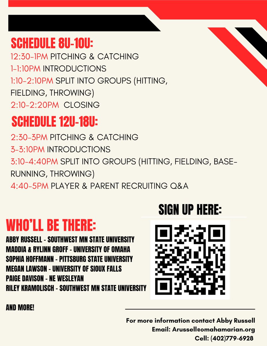 Softball players 8U–18U — get recruiting insight + get better 💪
🎯 Skill &amp; Recruitment Camp
📅 Dec 21 | 📍 La Vista, NE
💰 $70–$100
Work with college athletes + coaches.

Sign up today: forms.gle/iGhY6RCFyfSxkt…