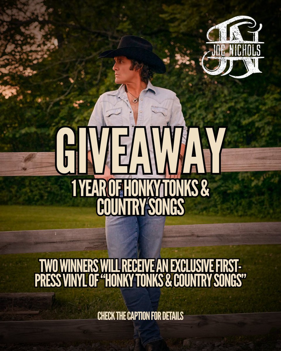 JoeNichols's tweet photo. 🎉 GIVEAWAY TIME! 🎉
We’re celebrating 1 year of Honky Tonks & Country Songs with something special for y’all…

TWO lucky winners will get their hands on an exclusive first press vinyl of the album, signed and ready for your record player 🎶

Here’s how to enter:

✅ Follow @JoeNichols @joenichols
❤️ Like this post
💬 Comment & tag a friend who should enter too!
⭐️ BONUS ENTRIES:
• Share this post to your story
• Enter again on my Instagram, TikTok, and Facebook!

⸻

Giveaway ends on Sunday, October 26th at 12pm CT
Winners will be announced Sunday, October 26th right here on my page and contacted via DM.

U.S. only. Must be 18+ to enter. This giveaway is not affiliated with Instagram, TikTok, X, or Meta. No purchase necessary.

Good luck, y’all — and thank you for listening to this album over the past year 🤠💿
