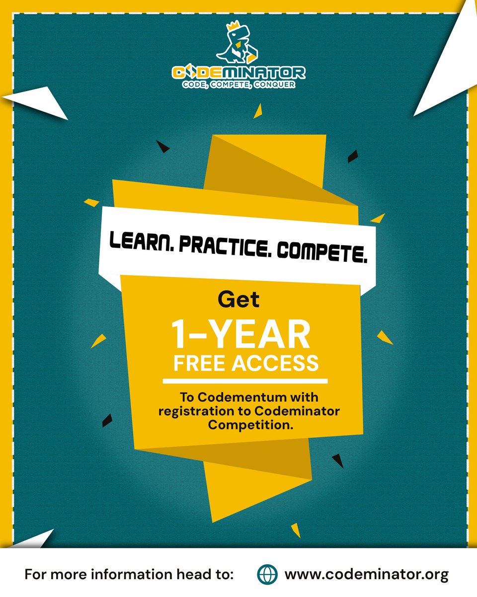 codeminator81's tweet image. Learn. Practice. Compete.
Register for Codeminator Competition & get 1-Year FREE ACCESS to Codementum — the coding platform that empowers young innovators!
codeminator.org
#CodingForKids #STEMEducation #FutureCoders #Codeminator
