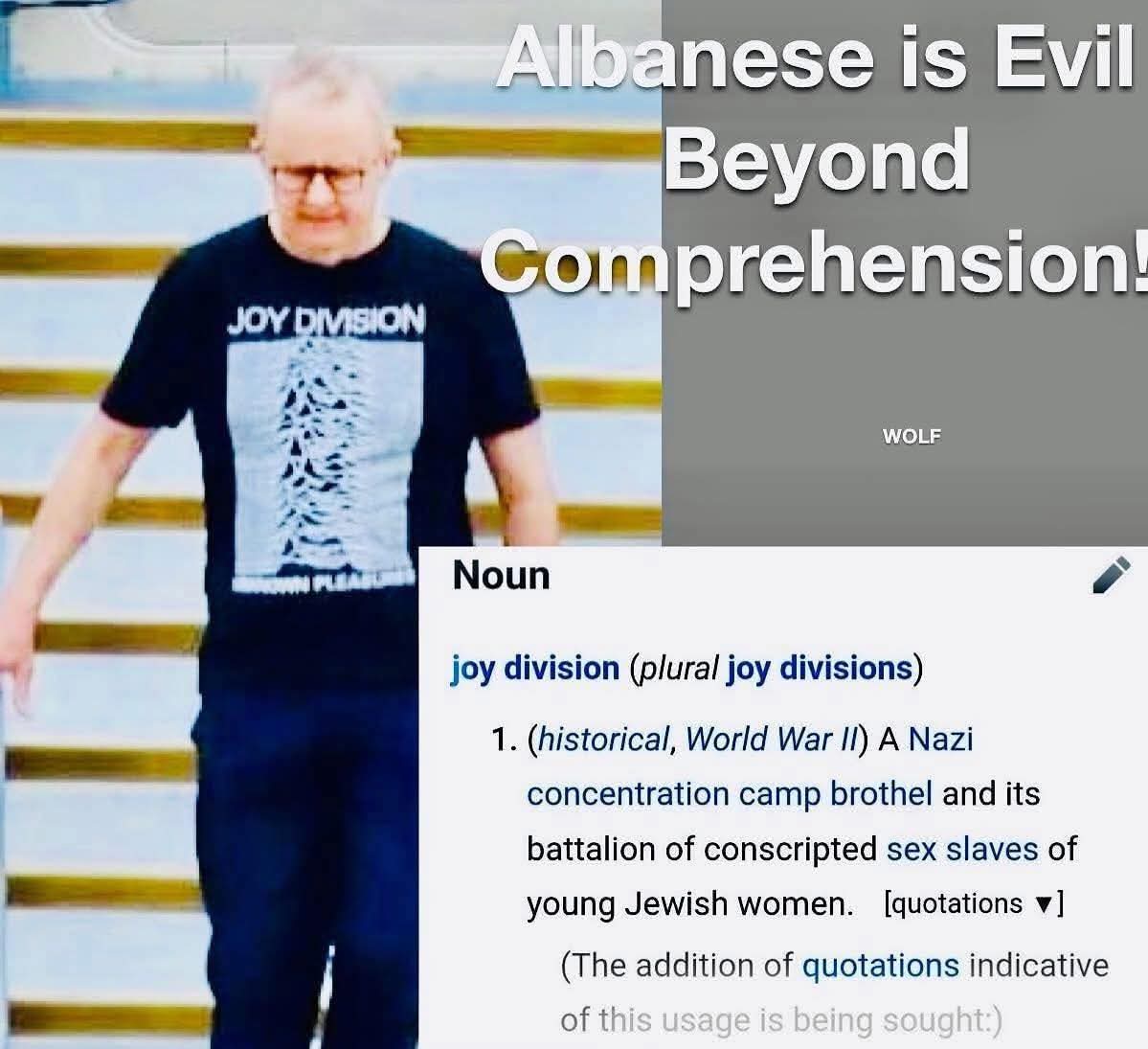 In case you were wondering about the t-shirt Albozo was wearing when he stepped off the plane, here’s a the message he was sending…
Tshirt Albo is proudly wearing is anti Semitic Rock Band, Joy Division. The band was named Joy Division from the 1953 pook House Of Dolls. A book