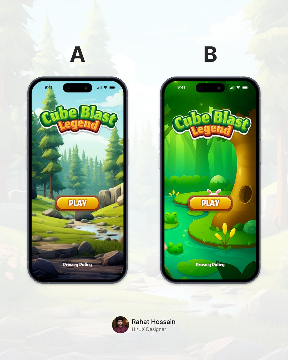 Rahat3013's tweet photo. Which start screen feels more fun to play — A or B? 👀
Comment your pick and why!

#GameDesign #UIGameDesign #GameArt #MobileGame #IndieGameDev #2DGame #GameUI #GamersChoice #DesignCommunity #GameDeveloper #VisualDesign #LevelUpDesign #CreativeDesign #MobileGaming https://t.co/DXtOZAqVII