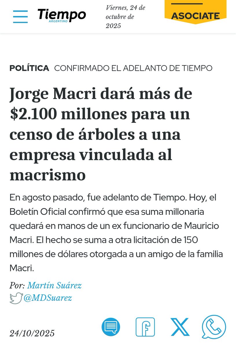 Otro negocio millonario que la Ciudad entrega a una empresa vinculada al macrismo....

Más de 2100 millones de pesos para censar árboles.

La info completa aquí 👇

tiempoar.com.ar/ta_article/mac…