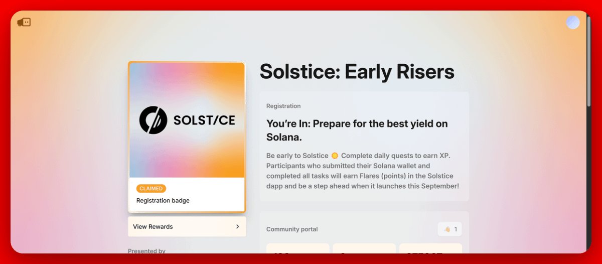 Quick Update, Do This ASAP.

Claim <a href="/solsticefi/">Solstice</a> Early Risers badge NFT.

How to claim.?

>Visit app.megaphone.xyz/pages/solstice…
>Click on "Join now".
>Sign up with your gmail.
>Connect your X account.
>Connect your Solana wallet.
>Complete the task.
>Claim badge on base.

When you're done