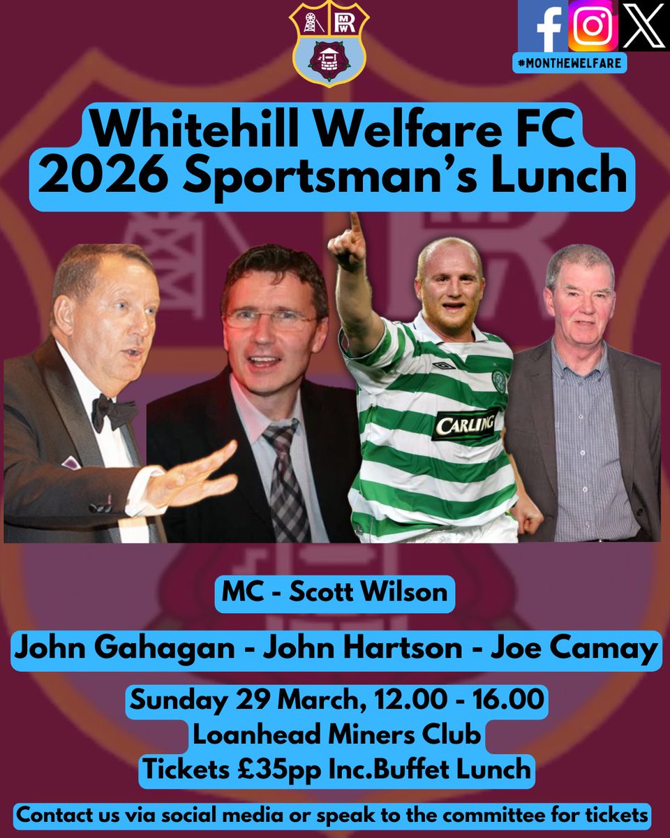 🎉 Our Annual Sportsman’s Lunch Line-Up is Here! 🎉

📅 Sun 29 Mar 2026 | 📍 Loanhead Miners Club

🎤 MC: Scott Wilson
🤣 Joe Camay
🏆 John Gahagan
⚽ John Hartson

🍽️ £35 incl. buffet by Mammas
🎟️ DM us for tickets — don’t miss this unforgettable afternoon! 🙌