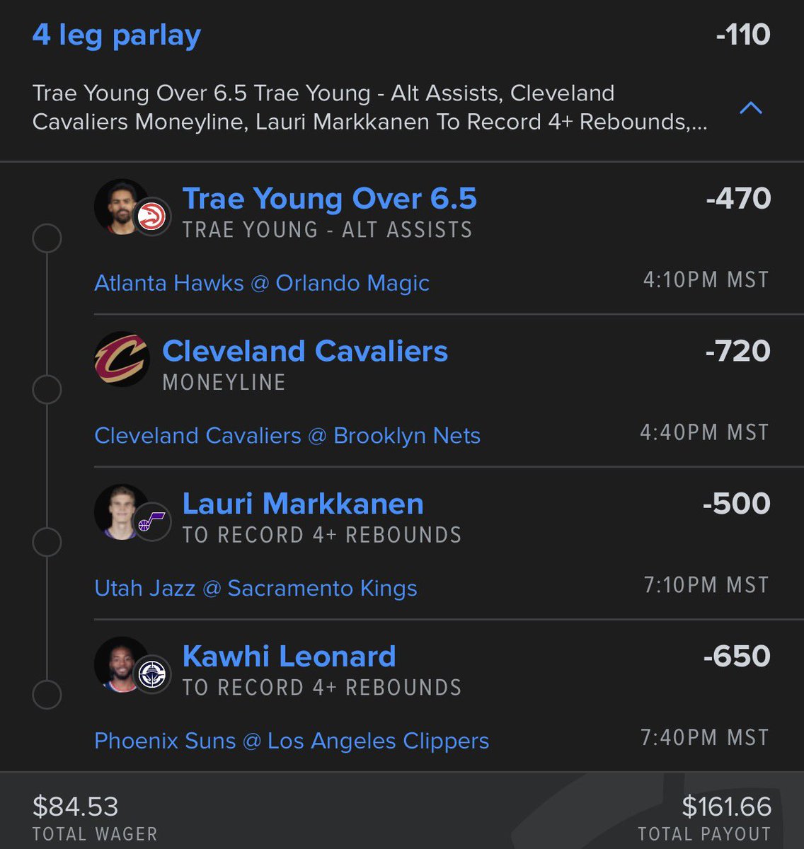 LADDER CHALLENGE DAY 4 🪜
$10 TO $10K💰

Use code NBA for 50% off
🔗whop.com/JBBets/
🔗dubclub.win/r/JBsPlays

4 Leg Parlay -110

Trae Young 7+ Assists
Cavs ML
Lauri Markkanen 4+ Rebounds
Kawhi 4+ Rebounds

$84.53 👉🏽 $161.66
#gamblingtwitter #gamblingX #NBAX #Freepicks