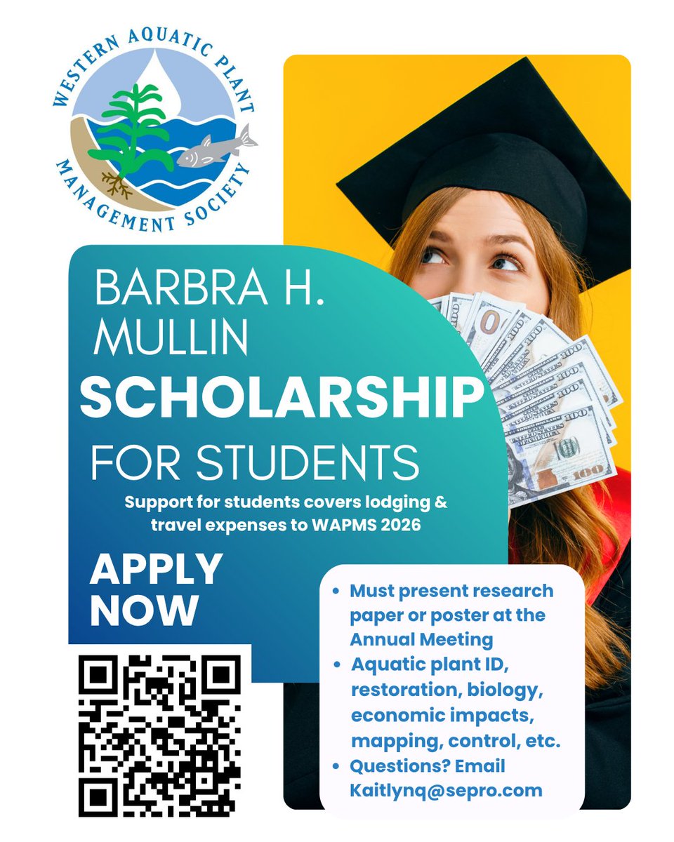westapms's tweet image. 🎓 In memory of Barbra H. Mullin, #WAPMS provides travel stipends for undergraduate &amp;amp; graduate students presenting research at #WAPMS2026.

👉 Questions can be directed to Kaitlyn Quincy (kaitlynq@sepro.com)

#aquaticplants #aquaticplantmanagement #aquaticweeds #scholarship
