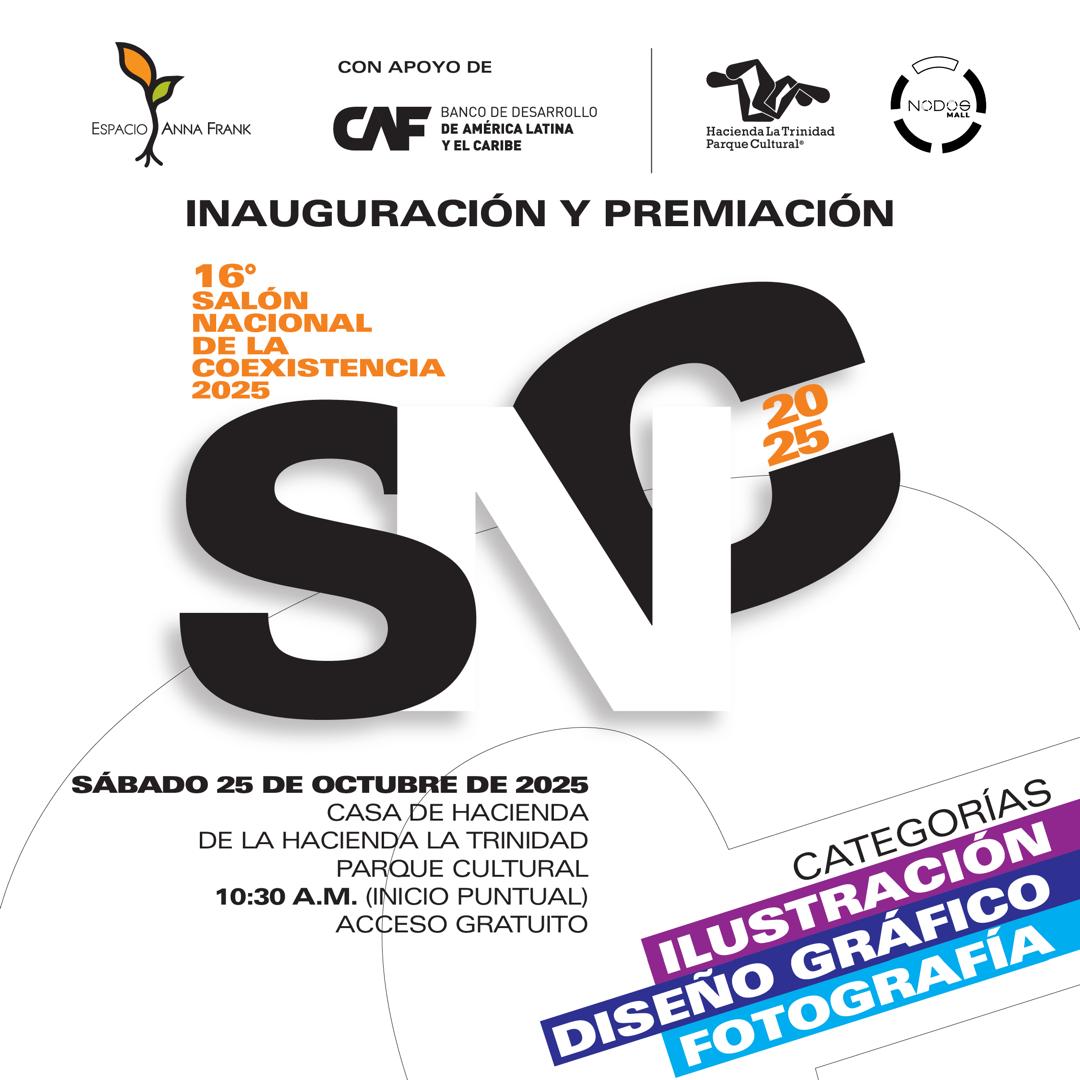 Inauguración de la muestra 
*La Coexistencia a través del diseño gráfico en Venezuela* 
Inauguración y premiación del 
*16° Salón Nacional de la Coexistencia 2025*
<a href="/EspacioAF/">Espacio Anna Frank</a> 
Mañana sábado #25octubre 2025
Hacienda La Trinidad Parque Cultural
10:30 a.m.
Acceso gratuito