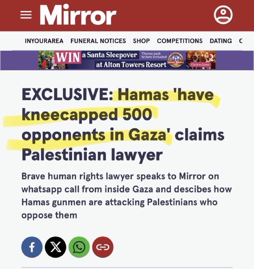 ÚLTIMA HORA: Un abogado palestino ha revelado que, desde que entró en vigor el alto el fuego, Hamás ha mutilado a 500 palestinos en Gaza.

Están torturando masivamente a su propio pueblo, mientras los "pro-palestinos" guardan un silencio absoluto.