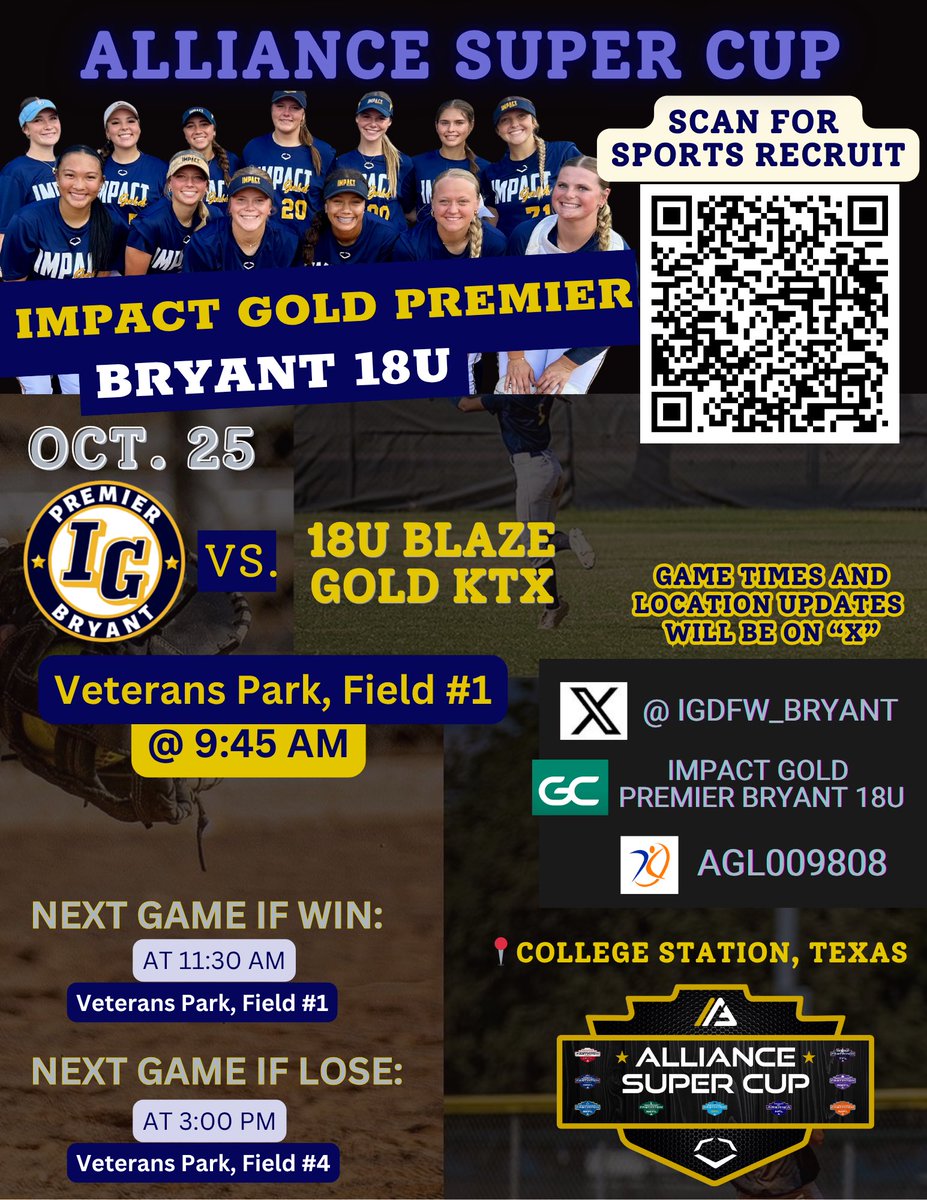 🚗💨..➡️ College Station

This weekend we are in College Station for Alliance Super Cup <a href="/thealliancefp/">The Alliance Fastpitch</a> 

Game 1️⃣
⏰ 9:45am
🗓️ October 25
📍Veterans Park, Field #1

Hope to see you there!!