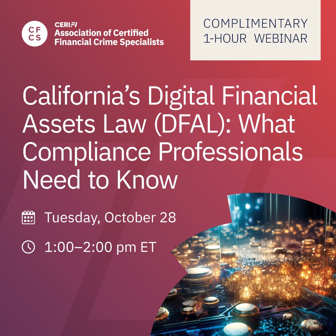 acfcsonline's tweet image. California’s Digital Financial Assets Law (DFAL) will reshape how crypto and digital asset firms are licensed, supervised, and examined in California and beyond.

Join ACFCS on Tuesday, October 28 to learn what you need to know before DFAL implementation: bit.ly/3L370fI