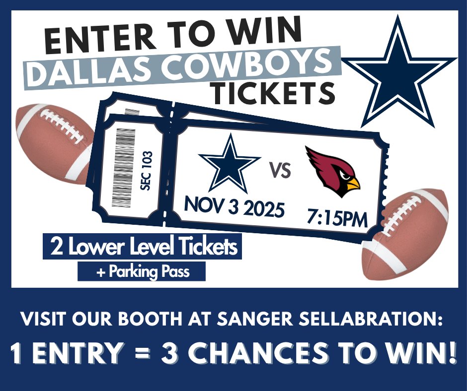 NortexComm's tweet image. FINAL PLAY🚨𝗧𝗥𝗜𝗣𝗟𝗘 𝗬𝗢𝗨𝗥 𝗖𝗛𝗔𝗡𝗖𝗘 to win our Dallas Cowboys ticket giveaway by visiting us tomorrow at Sanger Sellabration &amp;amp; score a cool free shirt while supplies last 😎🏈#SupportLocal #FiberFast #FiberFun #FiberFest