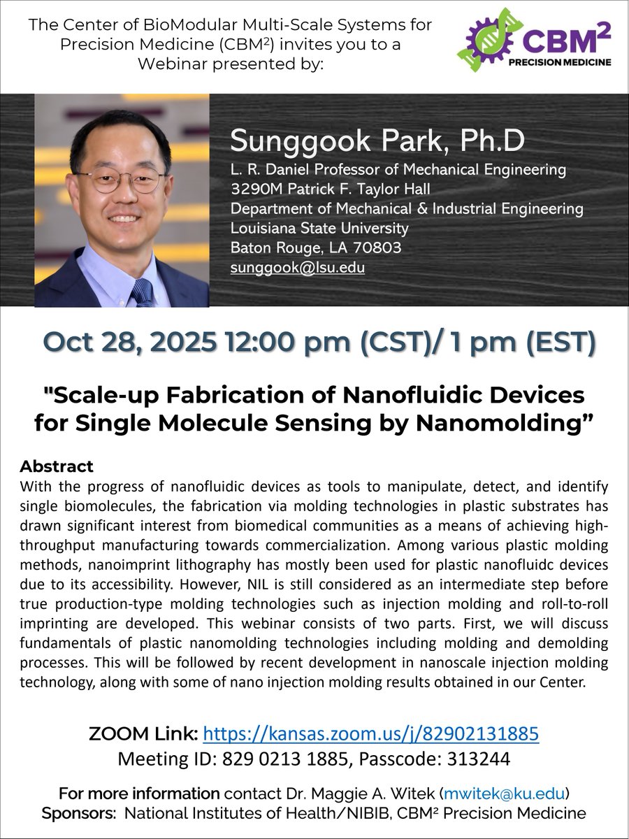 CBM2_Medicine's tweet photo. The Center of BioModular Multi-scale System for Precision Medicine invites you to an upcoming webinar from #CBM2 member Dr. Sunggook Park.

Mark your calendars for Tuesday, October 28, 2025 12 pm CST

ZOOM Link: https://t.co/CQ09YFs9zj
Meeting ID: 829 0213 1885, Passcode: 313244 https://t.co/XGWihZJJD0