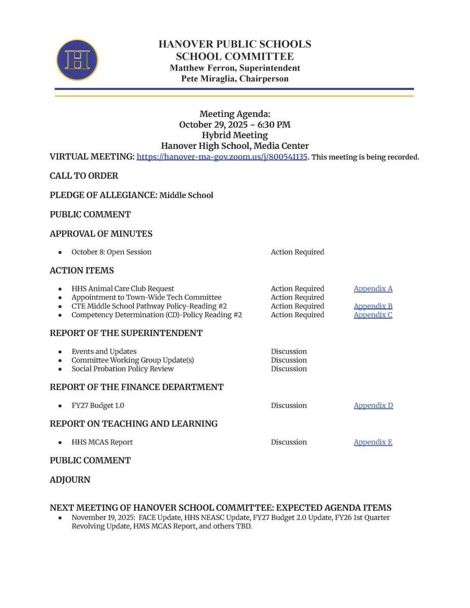 The School Committee agenda for the October 29, 2025, hybrid meeting at 6:30 pm is now available. Go to HanoverSchools.org/SchoolCommittee to view all public meeting documents and participation instructions.