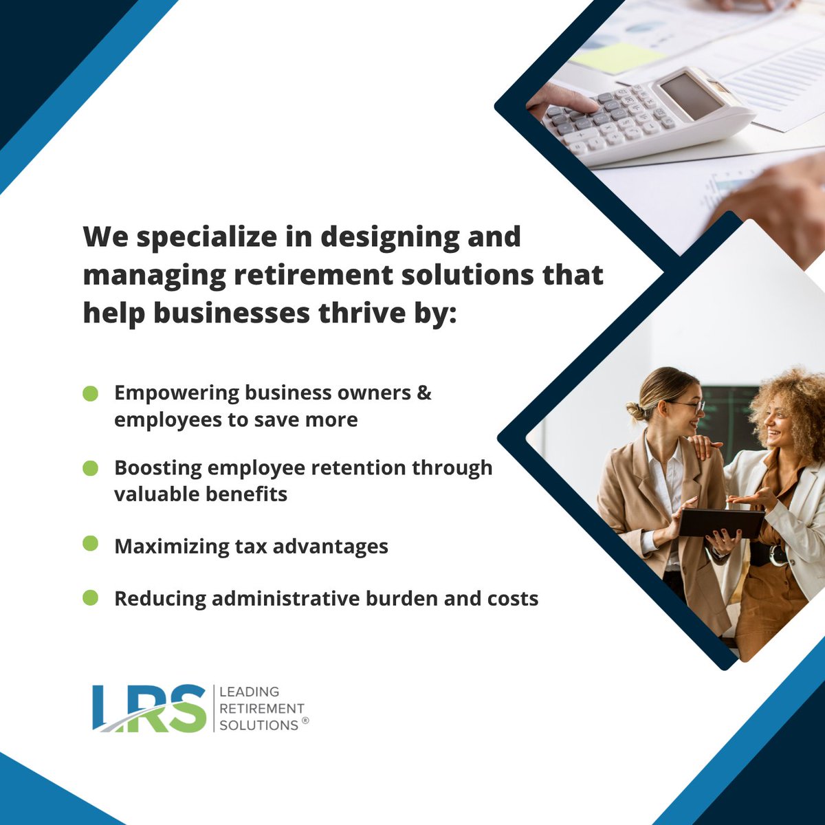 leadrsolutions's tweet image. At LRS, we believe your business deserves a retirement plan that works as hard as you do.

Our team partners with you to build a plan that’s flexible, compliant, and tailored to your unique business needs.

leadingretirement.com/contact/

#RetirementSolutions #BusinessPlanning