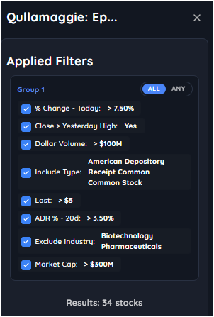 NirAoo7's tweet photo. Qullamaggie - Episodic Pivot (EP) scan with filter criteria attached.  

$AMD $COIN $CRCL $FIX $NBIS $SNDK $BE $OKLO $IREN $NXT $ALB $AAL $QS $IESC $CIFR $LEU $OPEN $CLSK $HUT $NOVT $EOSE $GTX $GRND $FLNC $AAOI $OUST $HIVE $TDOC $RCAT $RR $LAES $NEGG $POET $UMAC via @Deepvue
