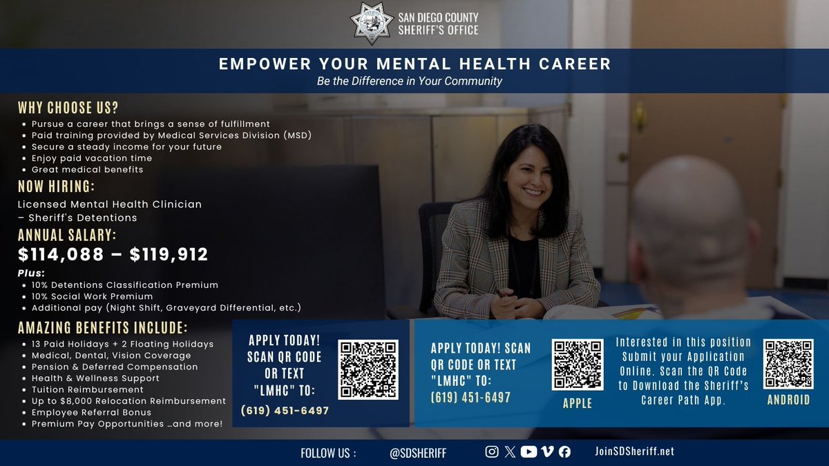 SDSheriff's tweet image. Interested in a career in Mental Health?

The Sheriff's Office has two job classifications that are always open in mental health.

Click the link for more information: joinsdsheriff.net/civilian-caree…

#MentalHealthMatters #BeTheDifference #Career