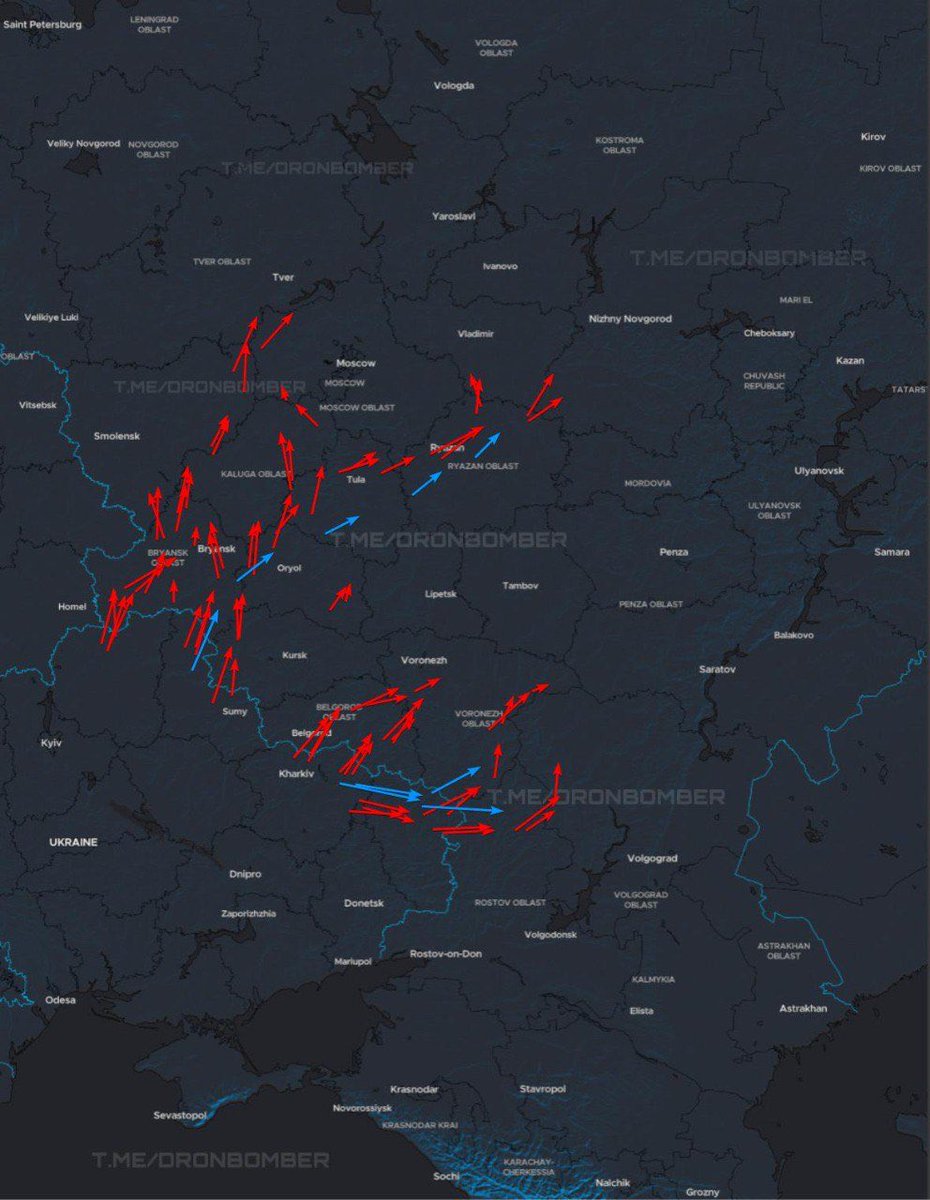 DrnBmbr's tweet image. 🇺🇦23:50 | 24/10
Approximate flight routes of our UAVs:
🔴Red arrow – directions of strike UAVs;
🔵Blue arrow – directions of jet-powered UAVs;
All information about the routes is taken from Russian sources.
#DroneBomberMaps #UAVStrikes #RussiaUnderFire
TG:…