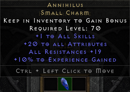 DarMonkey7's tweet photo. While recording a #D2R video guide for Diablo Clone, I was rewarded with this near-perfect Anni charm 20/19/10. I'll take it! #Diablo #diablo2 #Diablo2Resurrected https://t.co/GBwwJzlnq0