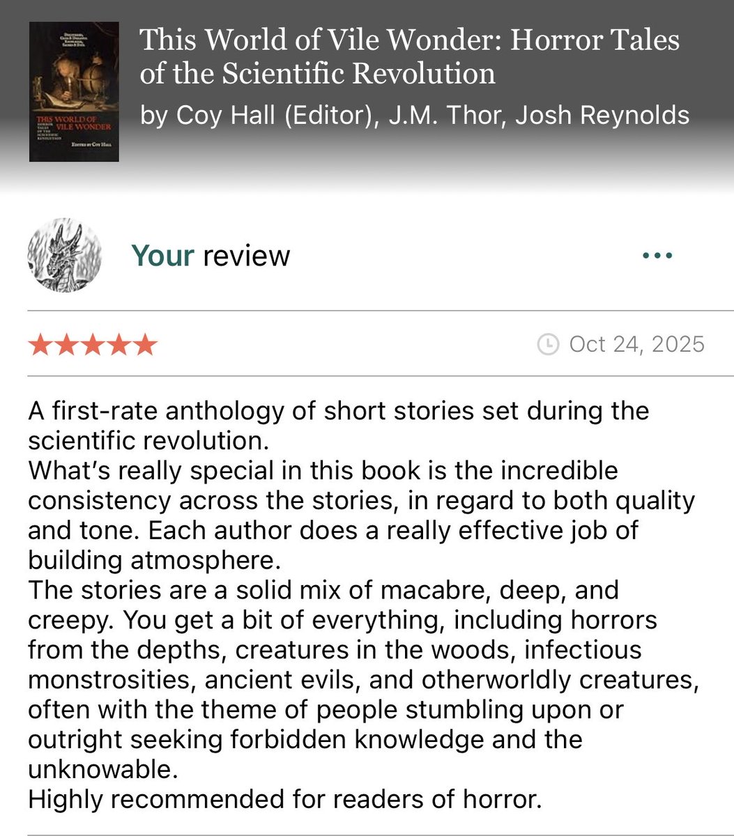 glawackus's tweet photo. I really enjoyed the new anthology edited by @CoyHallBooks 
⭐️⭐️⭐️⭐️⭐️
This World of Vile Wonder contains great stories by a talented bunch of authors. Definitely get yourself a copy!! https://t.co/Cz8WfkQSh4