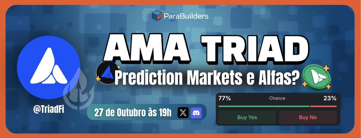 AMA COM A <a href="/triadfi/">Triad</a> + US$200 + NFT EM PREMIAÇÃO🚨

🗓️Segunda, 27/10 às 19h

Detalhes:
• Começa por este post: segue <a href="/ParaBuilders/">ParaBuilders</a> e <a href="/triadfi/">Triad</a>, retweeta e marca 2 amigos → US$50 para 1 pessoa.
• Durante a live: interagiu, ganhou → 10 ganhadores de US$5 (US$50 no total).
• Final