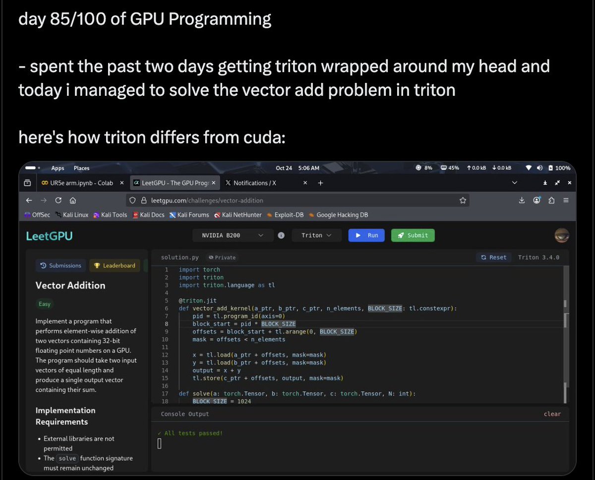 typedfemale's tweet image. i keep seeing weird performative studying content... if you've really spent 85 days on GPU programming it absolutely does not take you 2 days to write a vector add in triton