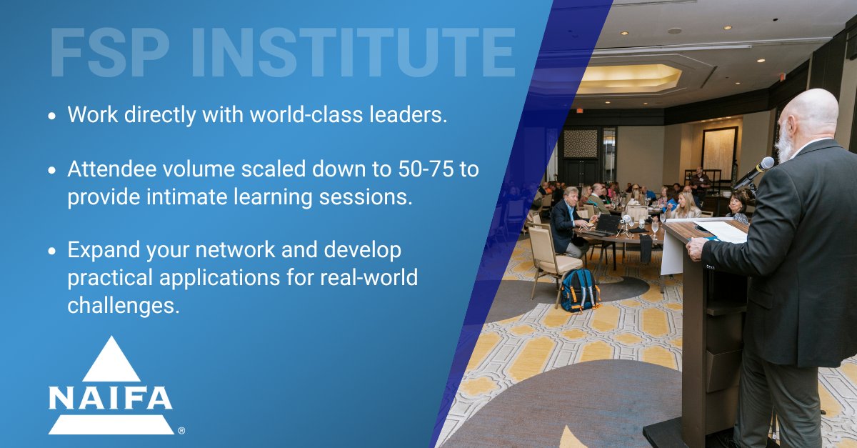 Big ideas, small setting. 🎓 NAIFA’s FSP Institute brings 50–75 pros together to learn, collaborate &amp; solve real-world challenges with industry experts. NAIFA membership gets you in the room. 👉 hubs.ly/Q03Q17BV0
 #EducateToElevate #NAIFAProud #FinancialAdvisor #FinancePro