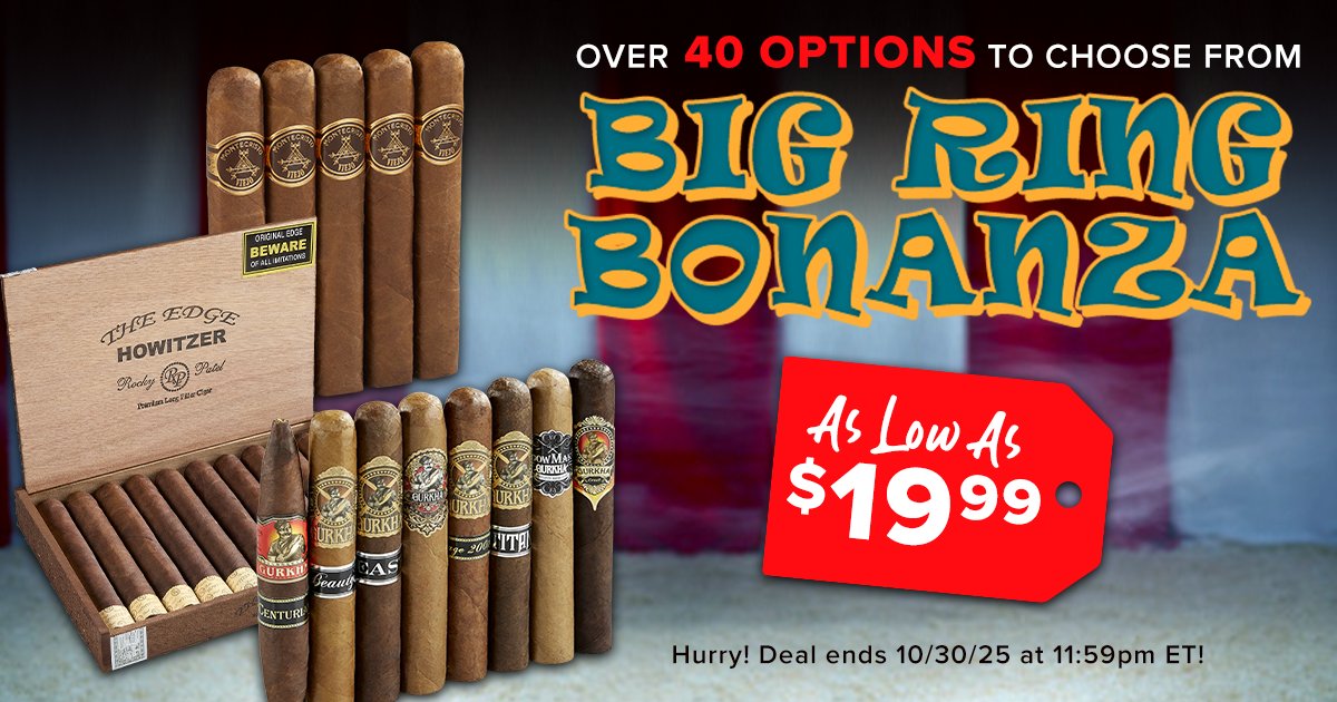 Big Ring Bonanza is here! 🔥 Step right up for big savings on big cigars—over 40 blends starting as low as $19.99. We’ve rounded up the fattest sticks and put them on sale. Find your favorite before the deal ends 10/30 at 11:59pm ET!
bit.ly/45duhTL