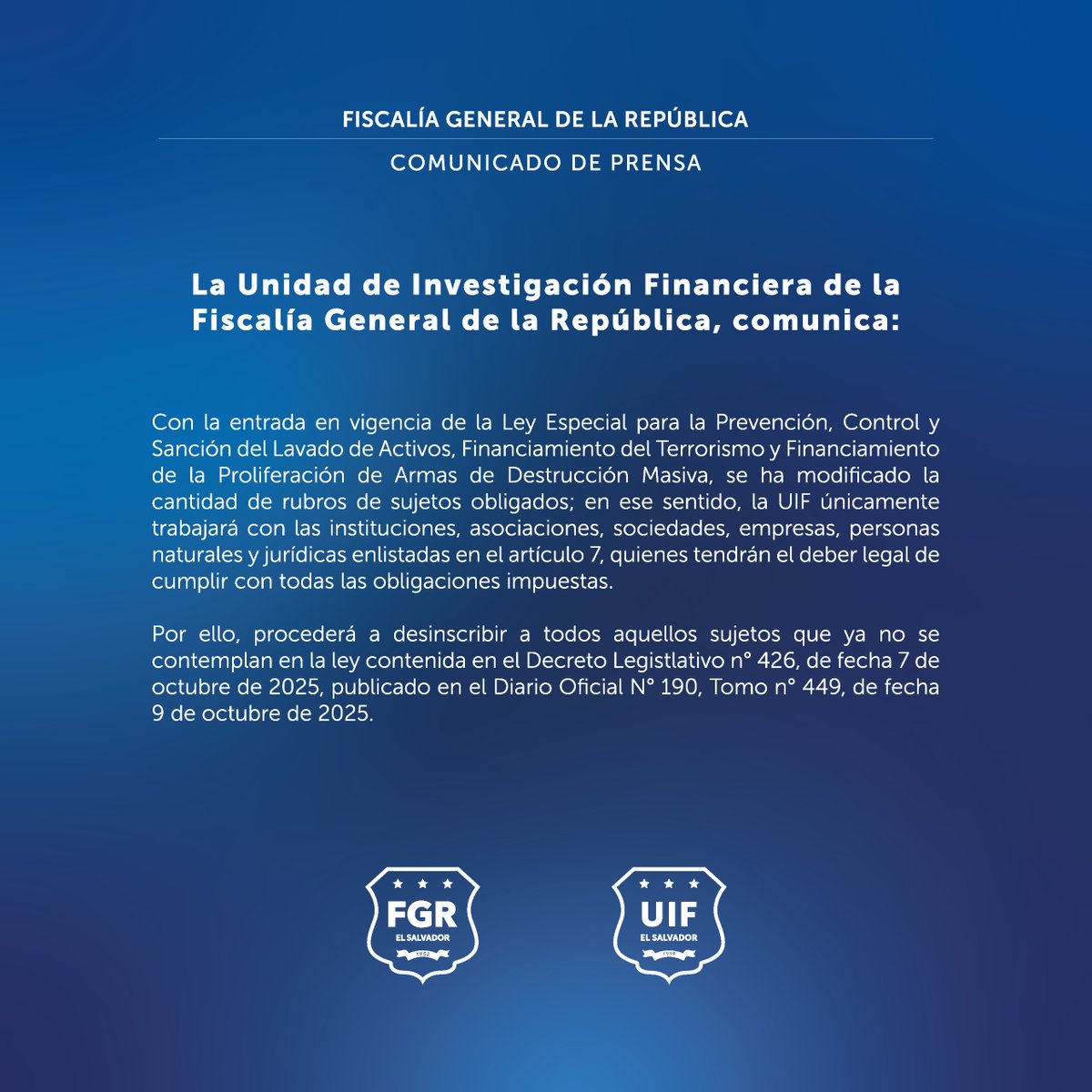 📢 Con la entrada en vigencia de la nueva Ley Especial para la Prevención, Control y Sanción del Lavado de Activos, Financiamiento del Terrorismo y de la Proliferación de Armas de Destrucción Masiva, la <a href="/FGR_SV/">Fiscalía General de la República El Salvador</a> informa sobre la actualización de los sujetos obligados.

⚖️ Solo las