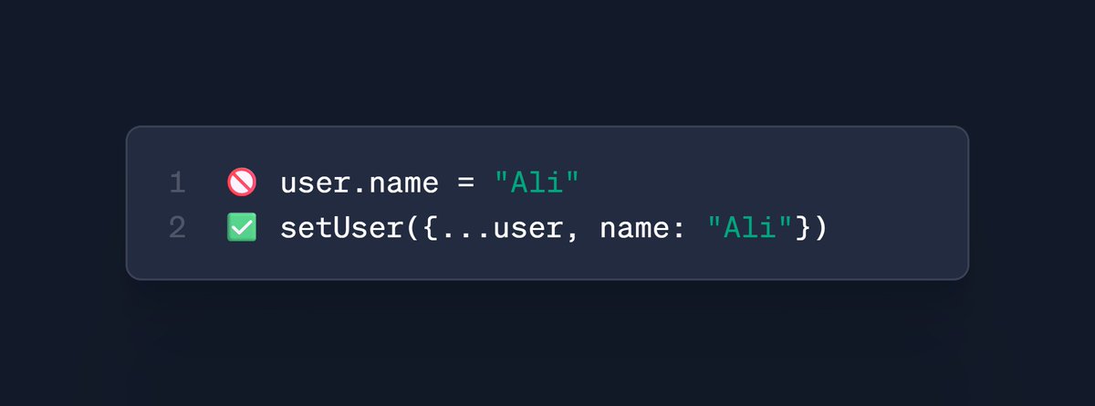 ZahidReacts's tweet image. 🧠 React Tip: Don’t mutate state directly! 🤔
Direct mutation skips React’s re-render cycle — UI won’t update 👀
#ZahidReacts #javascriptforever #Frontend