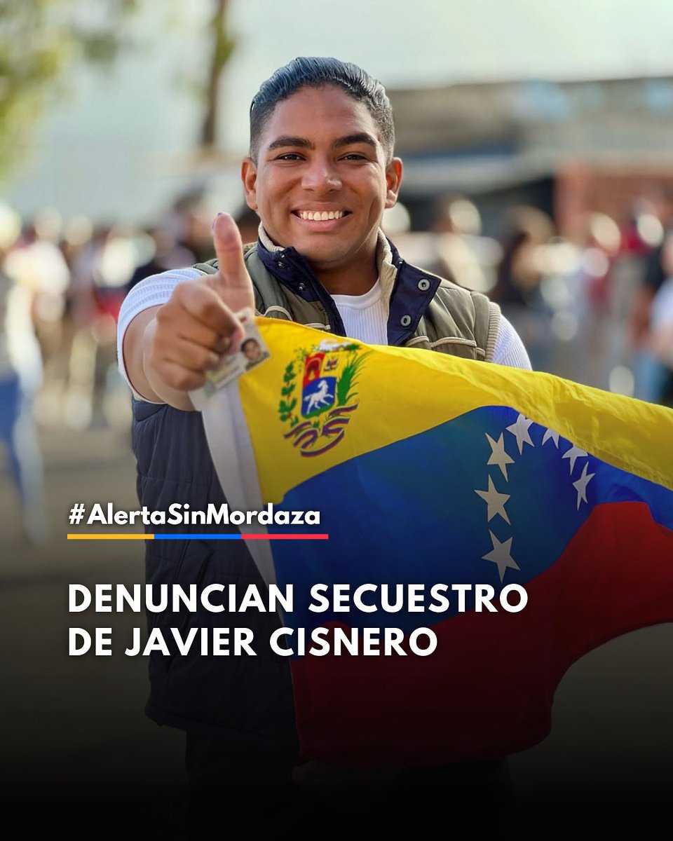 #AlertaSinMordaza 🚨 Javier Cisnero, joven activista de <a href="/VenteVenezuela/">Vente Venezuela</a>, fue secuestrado en Caracas.
Tiene tuberculosis y su vida corre peligro.
Exigimos saber dónde está, su liberación inmediata y atención médica urgente.
#DóndeEstáJavier #HastaQueSeanLibres