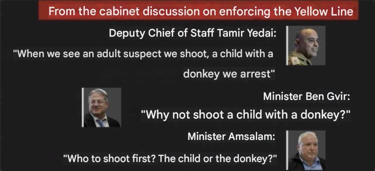🚨Israel admits to murdering civilians &amp; kidnapping children who come close to an INVISIBLE separation line

IDF: We shoot adults [who come close to the yellow line], a child with a donkey we arrest

Israel's Security Minister: "Why not shoot a child with a donkey?"

Israel's