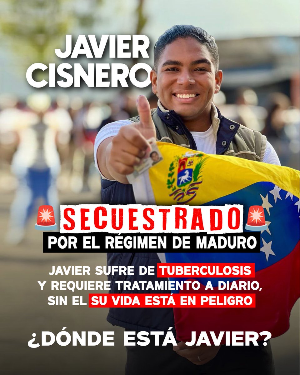 #URGENTE | La tiranía de Maduro secuestra a un dirigente de Vente Venezuela, el partido de María Corina Machado.

En el proceso, el régimen agredió a su abuela. Javier Cisneros sufre de una enfermedad.
