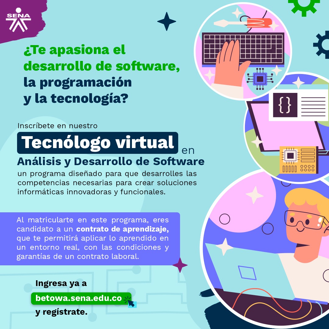SENAQuindio's tweet image. #AbroHilo 🧵 Aprende, crea y programa con el Tecnólogo virtual en Análisis y Desarrollo de Software del SENA.
🔗 Inscríbete en betowa.sena.edu.co💚😊 #EstudiaEnElSENA
