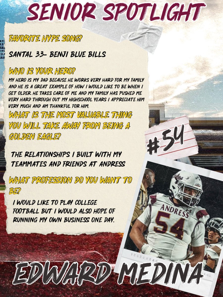 ‼️💥ANDRESS SENIOR SPOTLIGHT💥‼️

#54 - Edward Medina

<a href="/CoachTaylor_CT/">Chris Taylor</a> <a href="/ODPHIRuben/">Luis Ruben Alarcon</a> <a href="/CoachUlloa/">Jesus Ulloa Jr.</a> <a href="/ReddingQuevin/">Quevin Redding</a> <a href="/EPJordan915/">Jordan Medina</a>