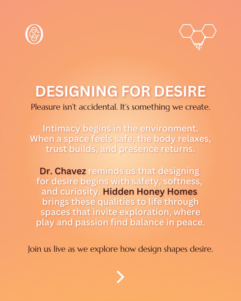drshannonchavez's tweet image. I’ve always been fascinated by how environment shapes emotion and desire.
Join me and @hiddenhoneyHHH for a live conversation about the psychology of design and intimacy.

✨ Wednesday, Oct 29 | 9 PM EST / 6 PM PST
#DesigningDesire #SexualWellness #MindfulDesign #CouplesHoliday