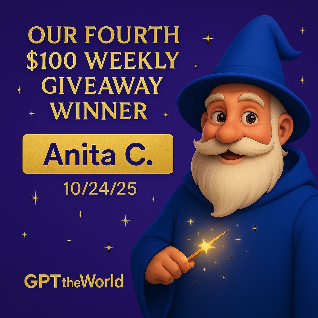 GPTtheWorld's tweet image. ✨ The results are in… and Askhim has spoken!

🧙 Anita C. is our FOURTH $100 weekly giveaway winner! The magic never misses when Askhim the Wizard is on your side.

🔮 Want to see your name next?
👉 Use your Wizard now at GPTtheWorld.com

#GPTtheWorld #Askhim #Giveaway