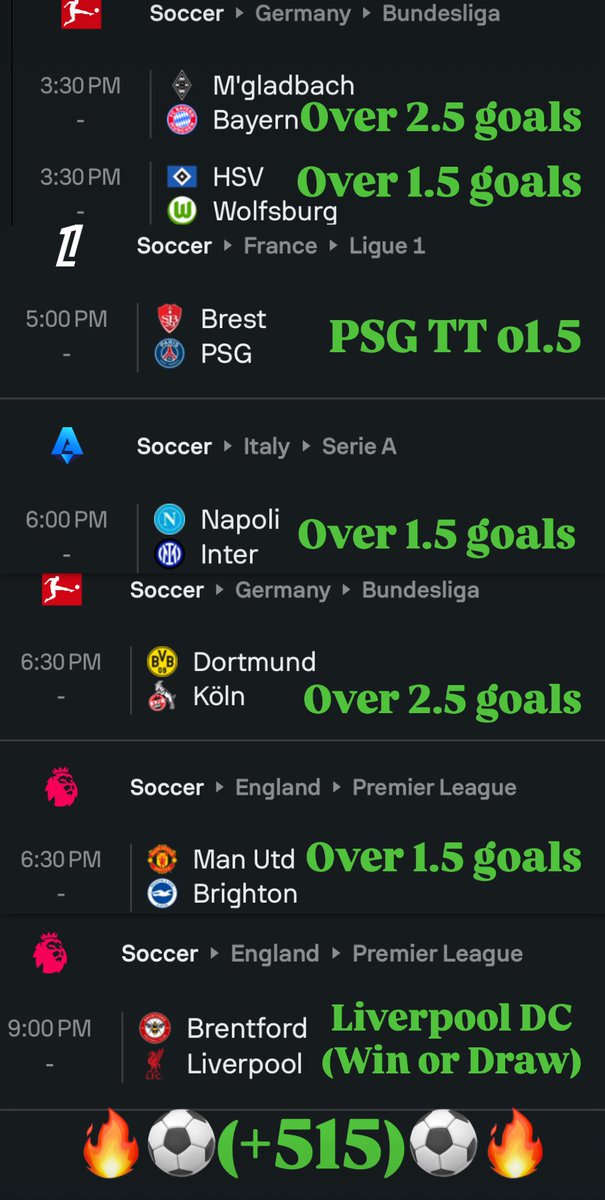 FuckParlays's tweet image. Saturday Parlay⚽️💰:

🇩🇪BVB o2.5
🇮🇹Inter o1.5
🇫🇷PSG TT o1.5
🇩🇪Bayern o2.5
🏴󠁧󠁢󠁥󠁮󠁧󠁿Liverpool DC
🏴󠁧󠁢󠁥󠁮󠁧󠁿Brighton o1.5
🇩🇪Wolfsburg o1.5
(+515)

7 easy legs… we’re fucking due for a win

Good luck to everyone tailing🍀