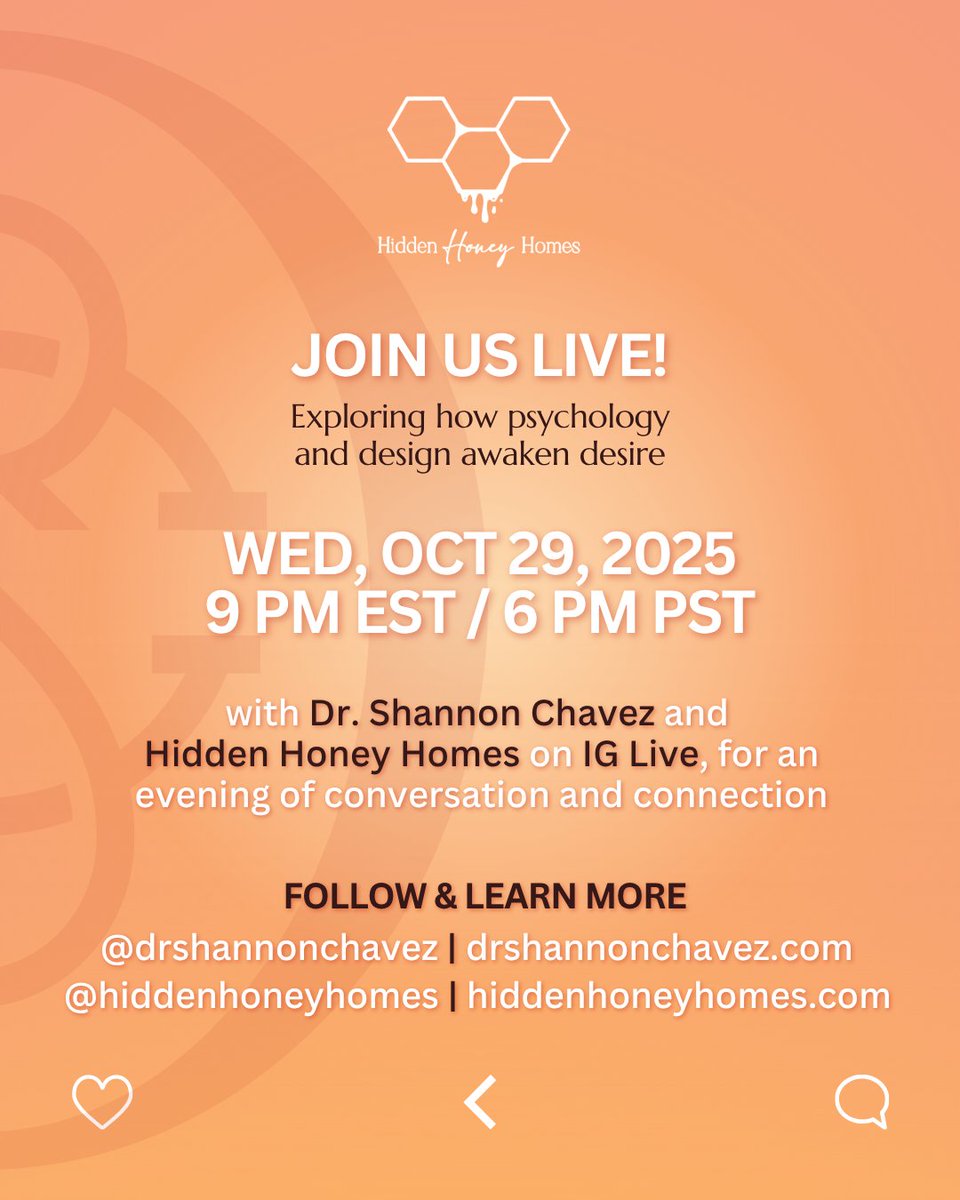 drshannonchavez's tweet image. I’ve always been fascinated by how environment shapes emotion and desire.
Join me and @hiddenhoneyHHH for a live conversation about the psychology of design and intimacy.

✨ Wednesday, Oct 29 | 9 PM EST / 6 PM PST
#DesigningDesire #SexualWellness #MindfulDesign #CouplesHoliday