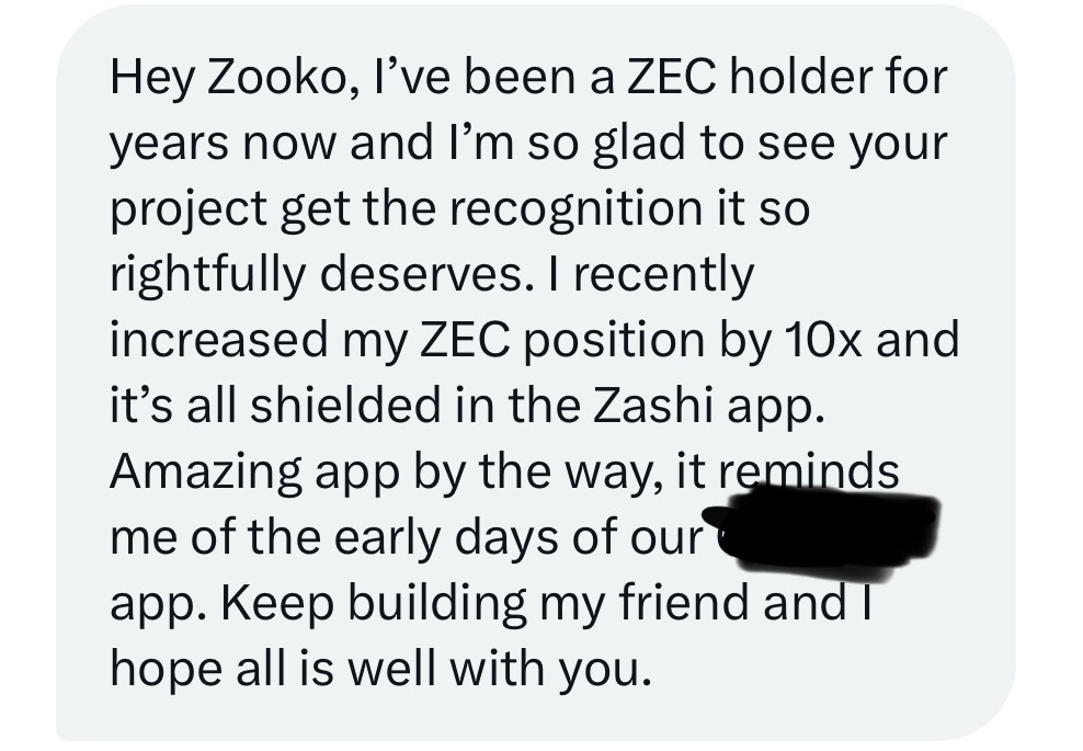 zooko's tweet image. Just got another one of these. This is from a Bitcoin OG who started an important Bitcoin company 15 years ago. If someone tells you Zcash is undergoing a coordinated pump and dump, you should really learn not to trust that person’s information. It’s on you, not on them. Learn!