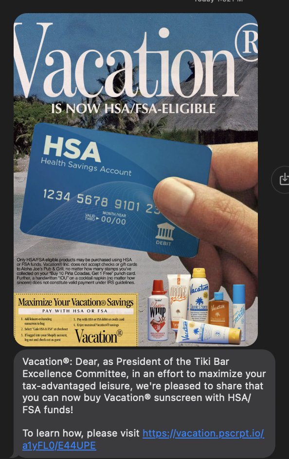 The team at Vacation is too elite. 

I smile every time I get an SMS from them. The only brand I genuinely enjoy being subscribed to.