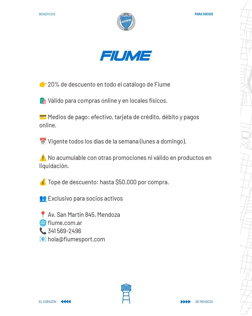 Ser del Tomba tiene su recompensa!!! 💙🤍

Beneficios exclusivos para socios Bodegueros!!! 🙌✨️

Si sos socio activo de Godoy Cruz, podés aprovechar hasta un 20% de descuento en nuestro local exclusivo Fiume de Mendoza!

🔥 Hasta 20% OFF en todas las colecciones del local.